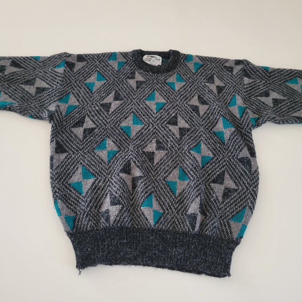 Vintage Expressions Geometric Acrylic Sweater Gray Turquoise Size Large EUC